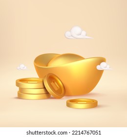 3d chinece gold coins and ingots. Asian festival element for oriental New Year design on yellow background.