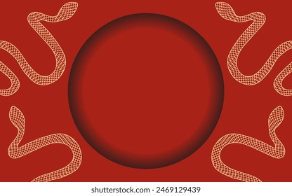 3D Chinese 2025 New Year Frame design with Blank field and golden Snake. 3D Zodiac horizontal banner template with Frame on red background. Luxury Asian poster, card design for web and social media.