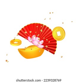 3d chinese design elements. Chine golden ingot, cny coins, asian fans for chinese new year. Asian spring festival icon. Vector cartoon illustrarion