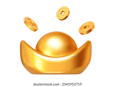 3d lingote de oro chino Yuan Bao con monedas de oro. Elemento de diseño para el año Nuevo chino. Estilo de dibujos animados. Ilustración vectorial de stock sobre fondo aislado.