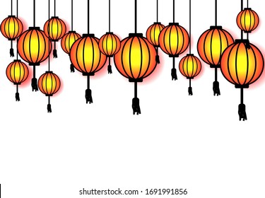 3D Chinese hanging lanterns with glowing effect light, background tranparant decoration
