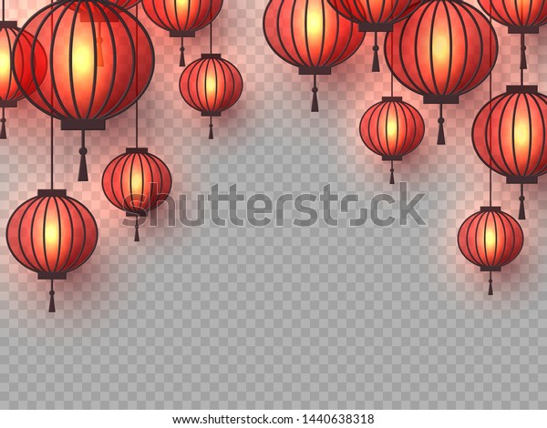 3d Chinese\
hanging lanterns with glowing lights. Decorative paper cut elements\
for Chinese New Year, festivals or holiday background. Isolated on\
transparent. Vector\
illustration.