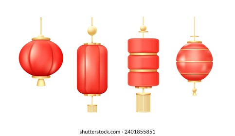 3.ª linternas chinas. Celebración tradicional de festival de linternas asiáticas en china japón o vietnam, elemento realista de año nuevo, lámparas colgantes con redondo de oro rojo, ilustración vectorial decente de linterna lunar roja