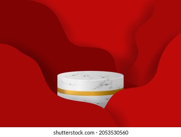 3D Chinese marble podium in red background. Cylinder podium stand with gold stripe. Vector illustration of luxury design for product display with podium stand background in chinese new year.