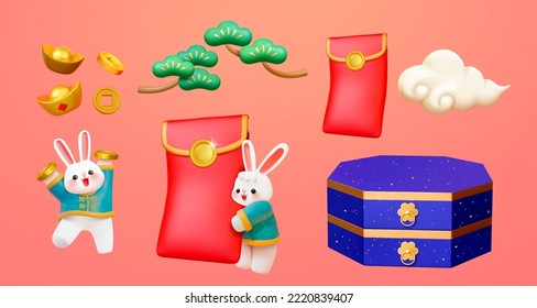 3d Chinese new year bunnies set isolated on pink background. Including gold ingot, coins, Japanese pine, red envelope, cloud, rabbit with coins, rabbit with red envelope, and hexagon box.