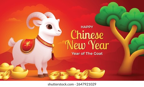 3D Chinesische Neujahrsziege 2027 Banner mit Goldmünzen und Ingots. Übersetzung: Ziege