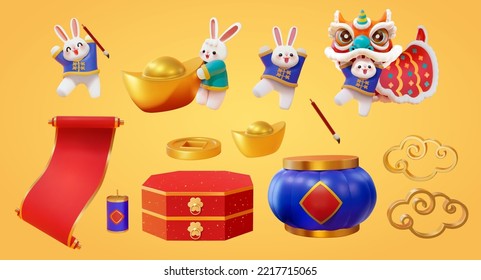 3D Chinese new year set isolated on yellow background. Including cute rabbits in folk outfits doing traditional activity, chinese new year decorations and objects.