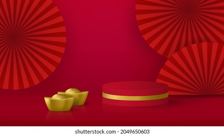3D-Chinesisches Podium auf rotem Hintergrund. Flaschenkopfboden mit chinesischem Goldgeld. Vektorgrafik von Luxusdesign für Produktpräsentation mit Podium-Standhintergrund in chinesischem Neujahr.