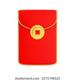 3d Chinese red  money envelope with golden accents. Asian festival element. Chinese New Year concept. Cartoon style.