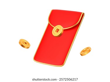 3d Chinese red money envelope with golden accents and flying China coins. Asian festival element. Chinese New Year concept. Cartoon style. Stock vector illustration on isolated background.