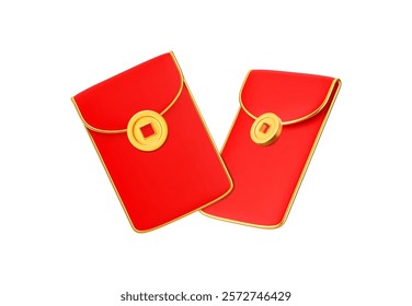 3d Chinese red  money envelope with golden accents. Asian festival element. Chinese New Year concept. Cartoon style.