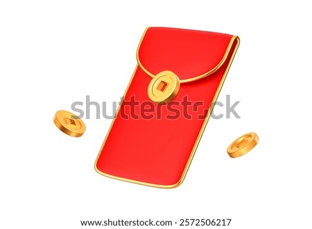 3d Chinese red money envelope with golden accents and flying China coins. Asian festival element. Chinese New Year concept. Cartoon style. Stock vector illustration on isolated background.
