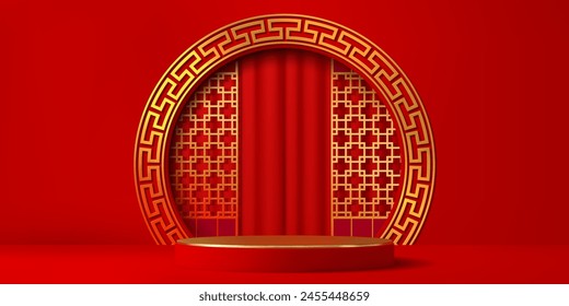 3d Chinese red podium stage with golden ornament arch and gold lattice. Realistic vector pedestal with curtains, round ornate arc adorned with intricate patterns. Opulent traditional China scene