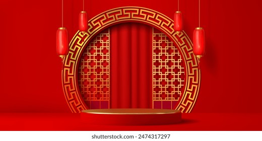 3D Chinese red podium stage with golden ornament arch and lanterns, vector background. Red luxury Chinese podium stage or oriental pedestal with red lanterns and golden pattern ornament in gold arch