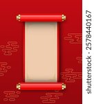 3D Chinese scroll, banner kit, red vector festive royal asian game UI traditional design element. Luxury celebration China background, spring floral print, silk banner. vector illustration