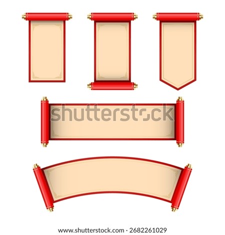 3D Chinese scroll set, banner kit, red vector festive royal asian game UI traditional design element. Luxury celebration China background, spring floral print, silk banner. vector illustration