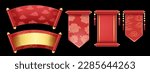 3D Chinese scroll set, festive banner kit, red vector royal asian game UI traditional design element. Luxury celebration China background, spring floral print, silk banner. Chinese scroll collection