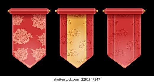 3D Chinese scroll set, vector royal red festive banner kit, asian game UI traditional design element. Luxury celebration China background, spring floral print, silk banner. Chinese scroll collection