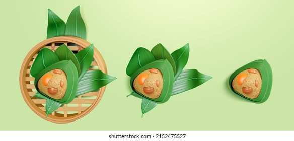 3d Chinese sticky rice dumpling viewed from above, one placed on steamer and the other on the bamboo leaf. Duanwu Festival elements isolated on green background.