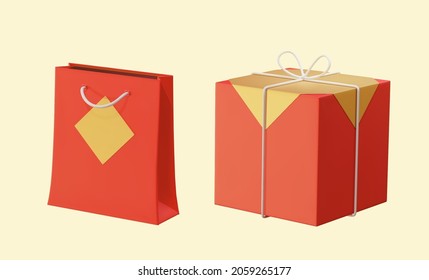 3d Chinese style wrapped gift box and present bag. Suitable for any Asian theme holiday decoration.