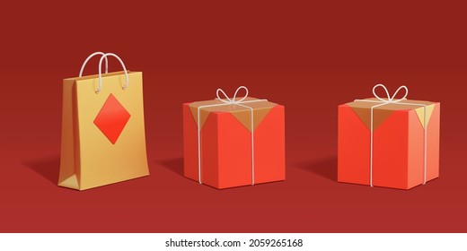 3d Chinese style wrapped present bag and gift box in different views. Suitable for any Asian theme holiday decoration.