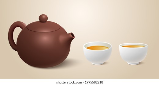 3d Chinese teapot and cups. Illustration of a brown tea kettle and two filled teacups on beige background