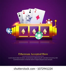3D chip,  ace cards, and roulette on purple background. Flyer, poster or banner design with Ethereum accepted option.