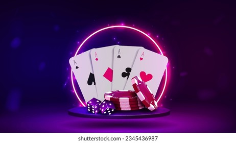 3D chips, dice and cards for poker and casino on the podium with a bright neon arch in blue and purple on a light background.