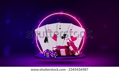 3D chips, dice and cards for poker and casino on the podium with a bright neon arch in blue and purple on a light background.