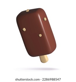 3d chococlate ice cream with nuts on wooden stick. Cute minimal three dimentional popsicle icon. Realistic vector illustration on white background. Summer sweet dessert concept.