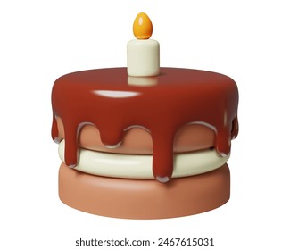 3d chocolate birthday cake with a candle vector illustration. Cute minimal three dimensional children party object isolated on white background. 