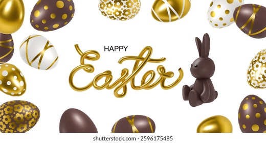 3D chocolate Easter bunny with chocolate eggs featuring golden polka dots, stripes, floral patterns on white background. Festive banner for greeting cards, invitations, seasonal designs, holiday ads