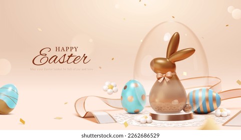 3D chocolate Easter bunny in transparent eggshell decoration on light pink background. Ribbon, painted eggs and daisies scattered around.