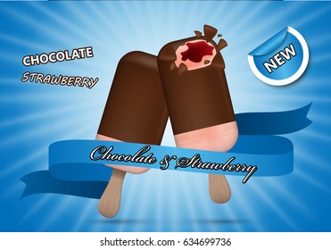 3D chocolate ice cream with strawberry isolated on blue striped background.For web site,ads,poster,placard and promotion material.Also useful for banner,marketing on social network and blog advert