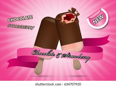 3D chocolate ice cream with strawberry isolated on pink striped background.For web site,ads,poster,placard and promotion material.Also useful for banner,marketing on social network and blog advert