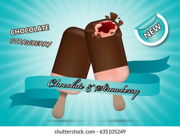 3D chocolate ice cream with strawberry isolated on turquoise striped background.For web,ads,poster,placard and promotion material.Also useful for banner,marketing on social network and blog advert