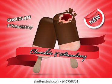 3D chocolate ice cream with strawberry isolated on red striped background.For web,ads,poster,placard and promotion material.Also useful for banner,marketing on social network and blog advert