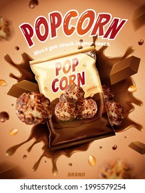 3d chocolate popcorn ad. Illustration of tasty chocolate popcorn with flying seeds, chocolate bar and splashing flavored syrup