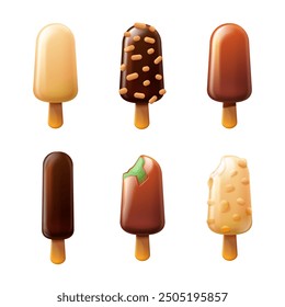 Paletas de chocolate 3D. Paleta realista, helado con nueces cubierto sorbete de vainilla esmaltado en barra de palo de madera, cacahuete de helado esquimal mordido, Ilustración vectorial de render exacta obra de arte original