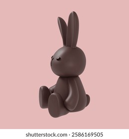 3D chocolate rabbit with long ears, sitting isolated on white background. Realistic Easter bunny figurine for holiday decorations, festive branding, greeting cards, and seasonal design projects