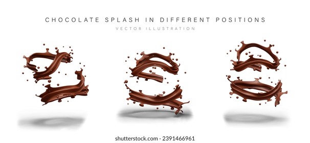 3D chocolate sprinkles. Set of vector objects in different positions. Sweet fragrant splashes with reflections and shadows. Images for design of desserts, sweets, cosmetics with chocolate flavor