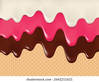 3d chocolate and white vanilla and pink ice cream melted on waffle background. Seamless pattern sweet ice cream flowing down on cone. Wafer texture and dripping dessert. Vector illustration