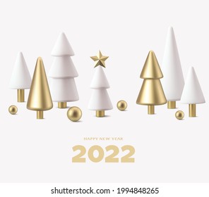 3D Christmas abstract fir tree and golden ball with happy New Year 2022 text on white background . New Year and Christmas design template. Vector illustration.