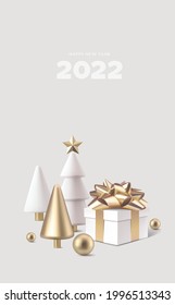 3D Christmas abstract fir tree and golden ball, gift box with happy New Year 2022 text on gray background . New Year and Christmas design template. Vector illustration.