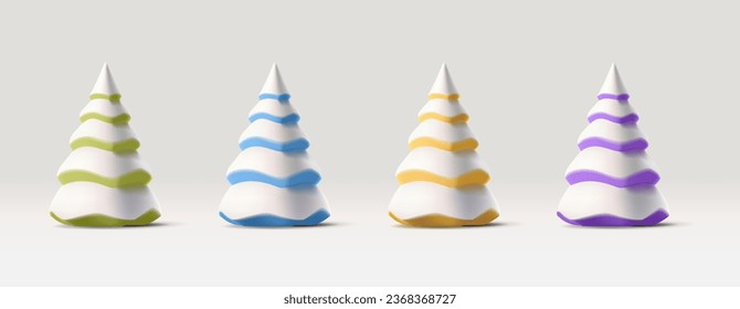 3D Christmas abstract fir tree icon, white ceramic toy with bright colorful stripes, modern render holiday