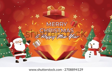 3D Christmas background featuring Santa and Snowman watching a magical gift box explosion (reveal). Ideal for holiday surprise promotions, giveaway announcements, or jackpot banners.