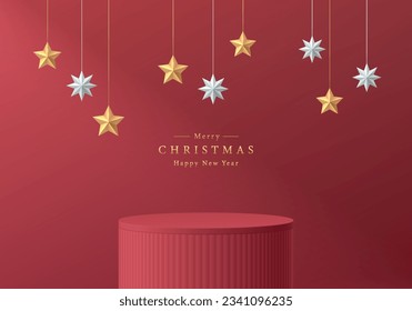 Fondo de navidad 3D. Cilindro rojo podio peatonal con la escena de la estrella dorada y los elementos de navidad. Composición abstracta en diseño mínimo. Plataformas para presentación de productos. Muestra de escenario.