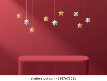 Fondo de navidad 3D. Cilindro rojo podio peatonal con la escena de la estrella dorada y los elementos de navidad. Composición abstracta en diseño mínimo. Plataformas para presentación de productos. Muestra de escenario.