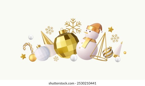 3d Christmas background. Christmas tree, star, snowman, candy cane, snowflake. 3d rendering. Vector illustration