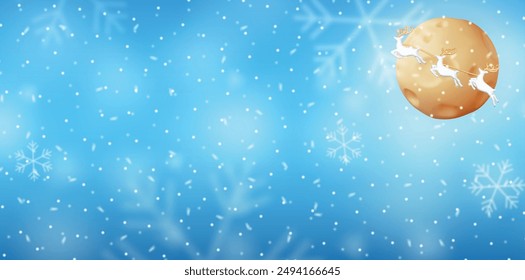 3D Christmas Background with White Falling Snowflakes and Moon. Render Snow Sparkles. Blue Winter Sky Banner. Happy New Year Celebration Template. New Year Xmas Holiday. Vector Illustration